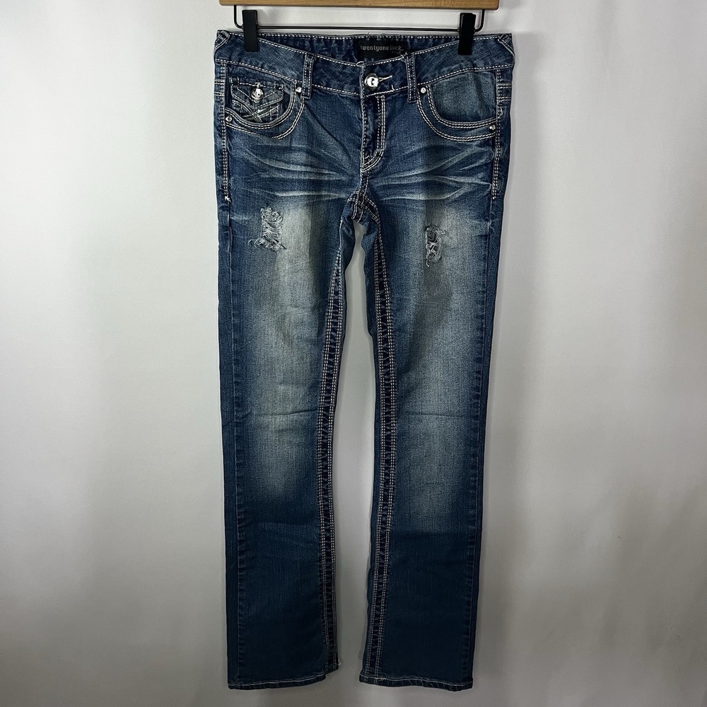 Y2K Rue21 TwentyOne Black Jeans‎ Women Sz 3/4R Distressed Low Rise Slim Bootcut